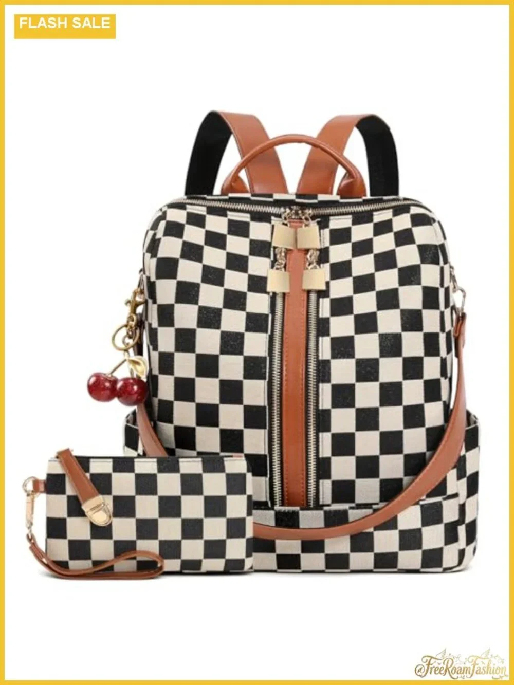 Women's Checkered Canvas PU Backpack Purse with Cherry Pendant Work Travel